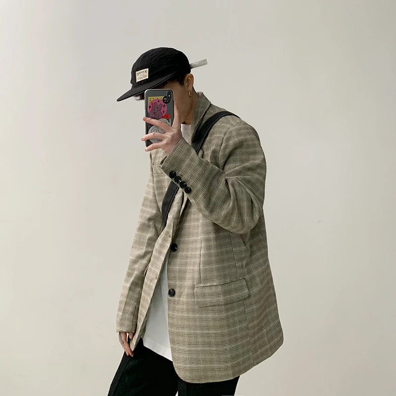 

2020 Spring And Autumn New Youth Popular Korean Men's Handsome Plaid One-piece Suit Fashion Casual Wild Top Khaki M-2XL
