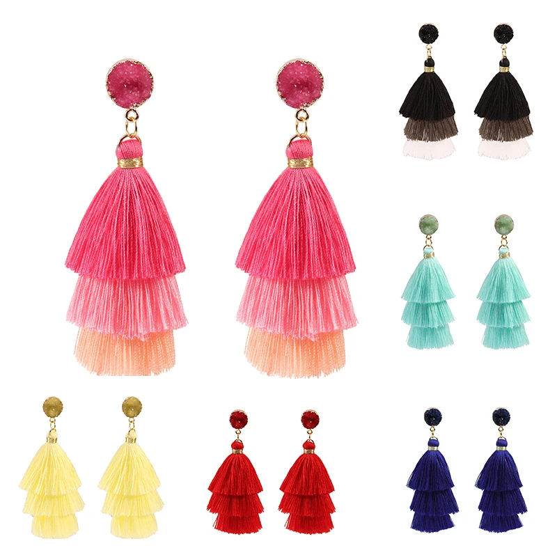 Женские богемные серьги с кисточками длинные из шелковой ткани индийские