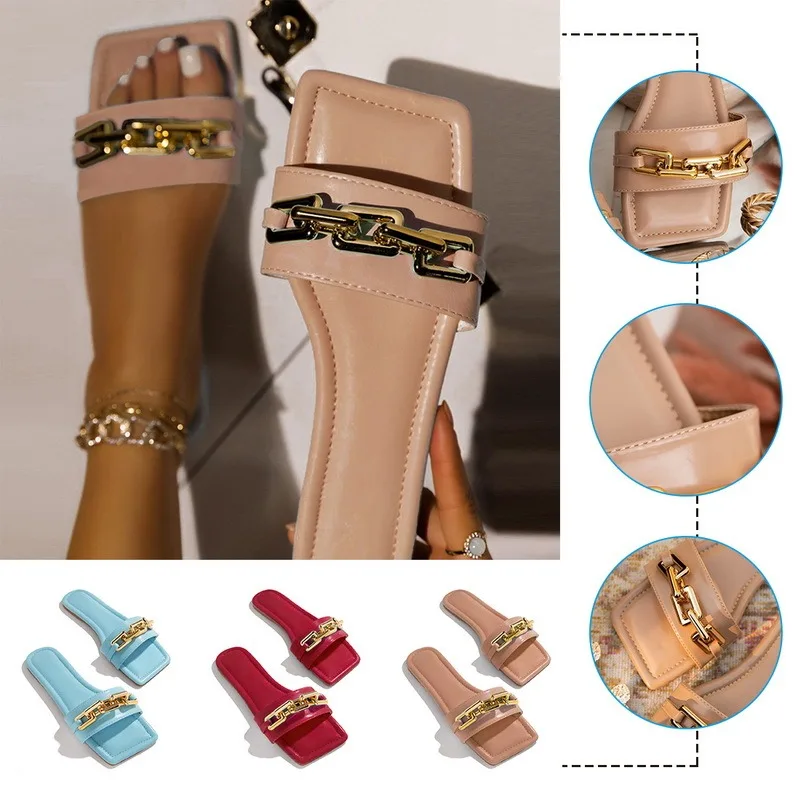 

New Design Women Slippers Gold Chain Shoes Open Toe Sandals Female Square Head Low Heels Girls Casual Slides 2021 Flip Flop