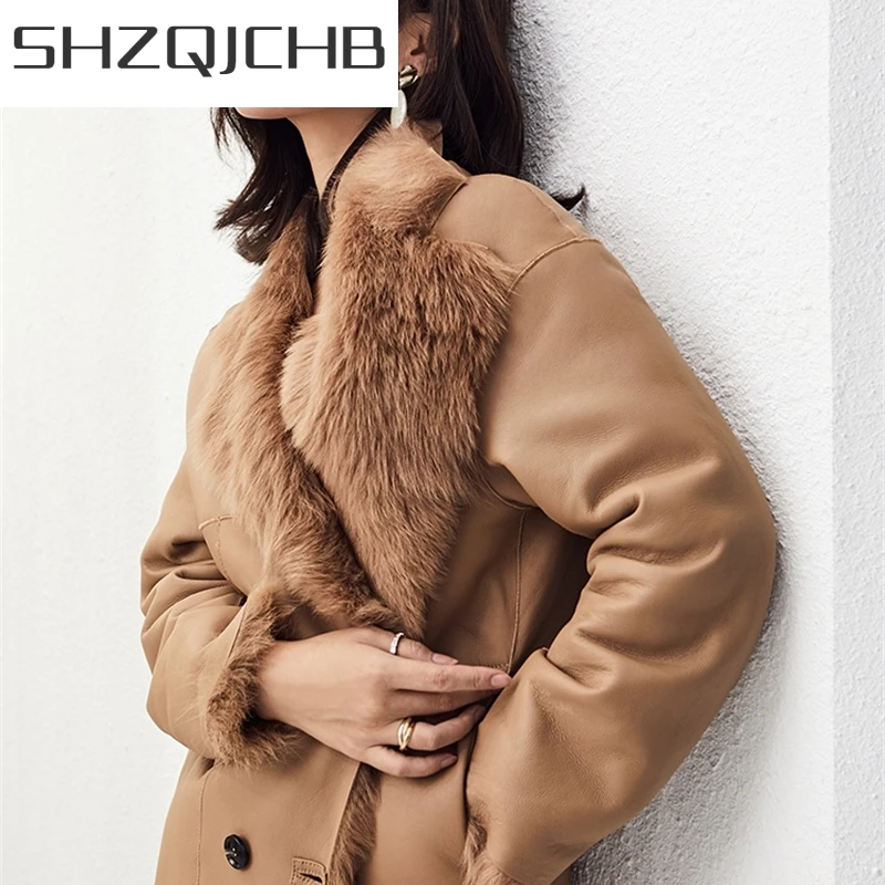 

JCHB 2021 Coat Natural Fur Women Winter Jacket Genuine Leather Sheep Shearling Jacket for Women Luxury Real Fur Coats Two Side