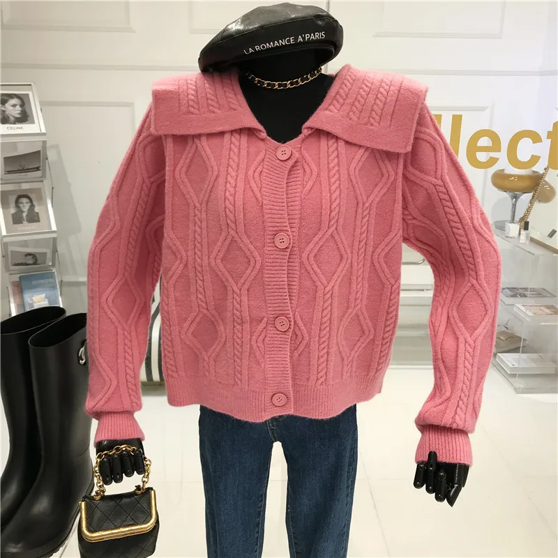 

Temperament Doll Collar Twist sweater coat Women's Spring 2021 New Loose short cardigan long sleeve Knitted Top