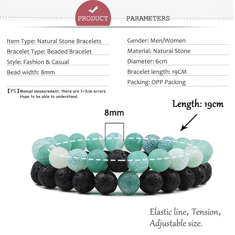 

2PCS/Set Beaded Bracelets Bangles Set Natural Lava Stone Couples Distance Energy Elastic Rope Men Women Best Friend Jewelry Gift