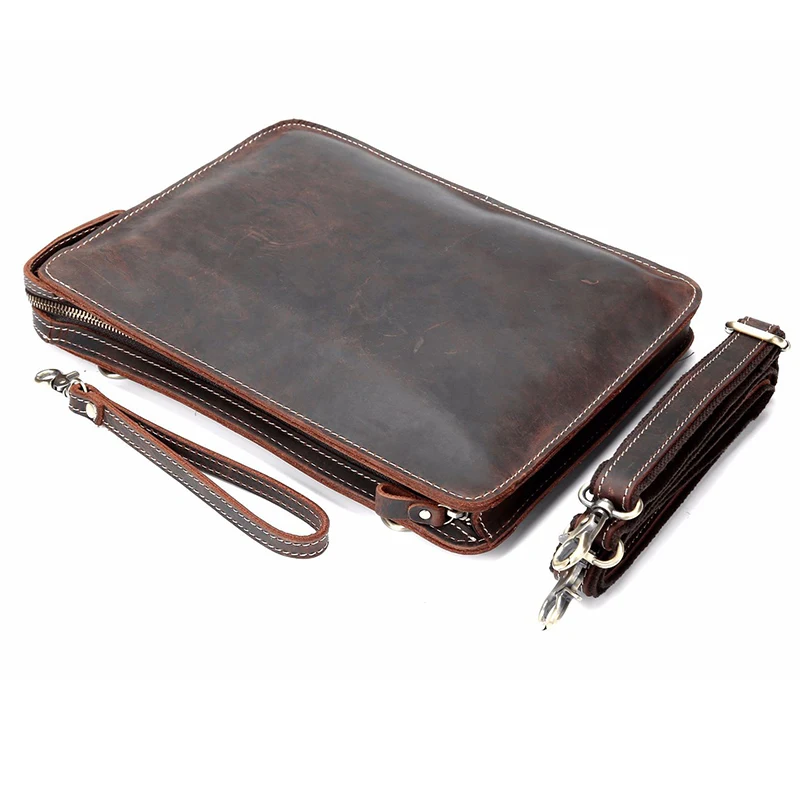 Unisex Genuine Leather Handbag Men Vintage Ipad Shoulder Bag Male Crazy Horse Leather Business Clutch Bag Men's Travel Bag