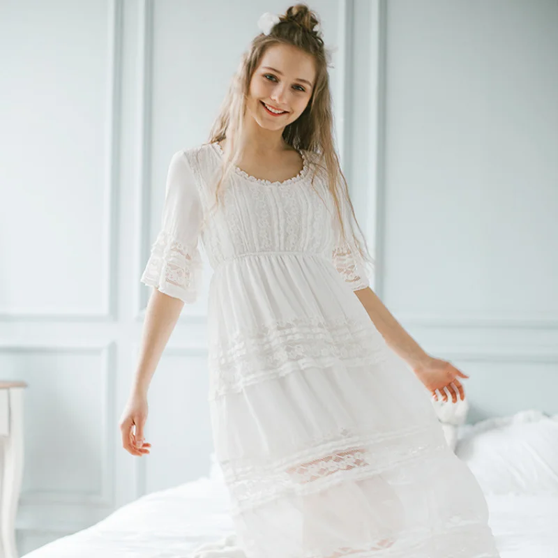 

NEW2021 Sleepwear Elegant Nightgown Women Cotton Vintage Nightgown Summer