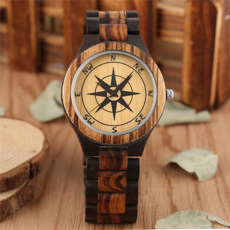 

Luxury Men's Handmade Wooden Wristwatch Compass Dial Clock Quartz Analog Timepiece Full Bamboo Exquisite Strap Bangle Present