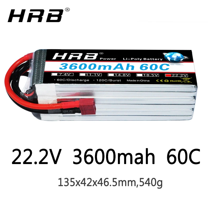 

HRB 6S 22.2V Lipo Battery 3600mah XT60 T Deans EC5 XT90 XT90-S AS150 Female RC Helicopter FPV Airplanes Car Truck Boat Parts 60C