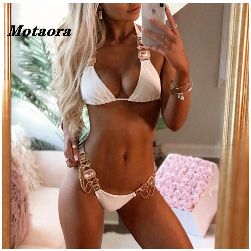 

TwoPiece Swimsuit Crystal Middle Waist Swimwear Halter Bandage Bikini Women Solid Color Thong Bathing Suit Sexy Backless Biquini