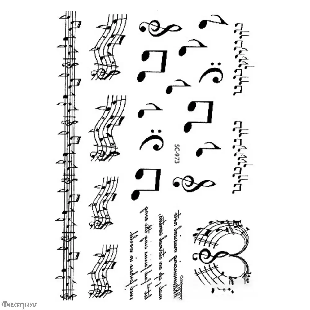 Эскиз черно-белого цвета 1 шт. музыкальные ноты перенос воды боди-арт Временные