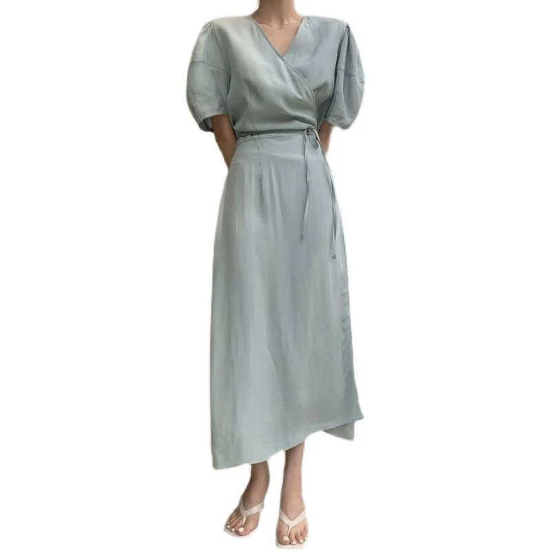 

SuperAen 2021 Solid V Neck Puff Sleeve Office Lady A-Line Mid-Calf Summer Dresses Women