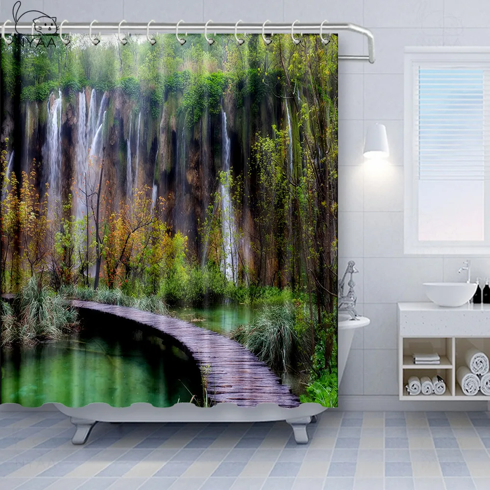 Vixm джунгли занавески для душа Глубокий Лес с деревянным Пирсом и рекой