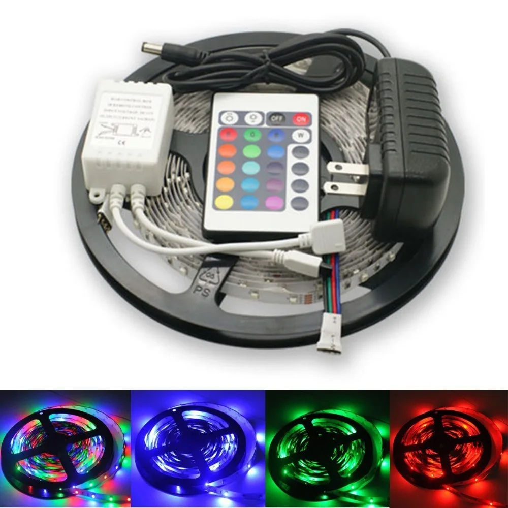 

5M 3528 SMD 300LEDs Waterproof Ip65 Color Change RGB LED Strip Light 24Key IR Remote Controller 12V 2A Power Supply