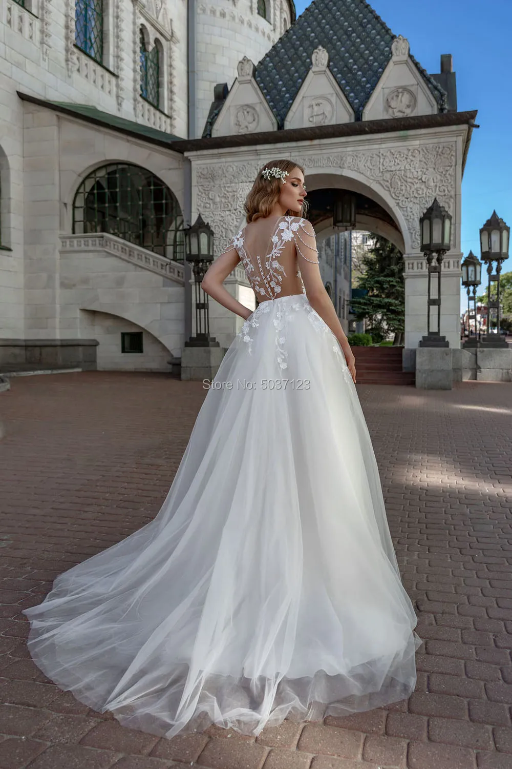 Beach Wedding Dresses 2019 A Line Lace Applique Scoop Illusion Tulle Bridal Gowns Cap Sleeve Robe De Mariee | Свадьбы и торжества