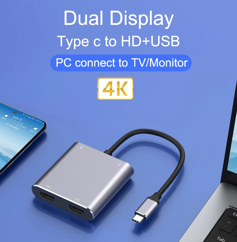 

USB-концентратор с портом Type-C на HDMI 3,0, разветвитель с двойным экраном, видеопреобразователь 4k 1080P для Macbook, ноутбука Samsung, LG на телевизор