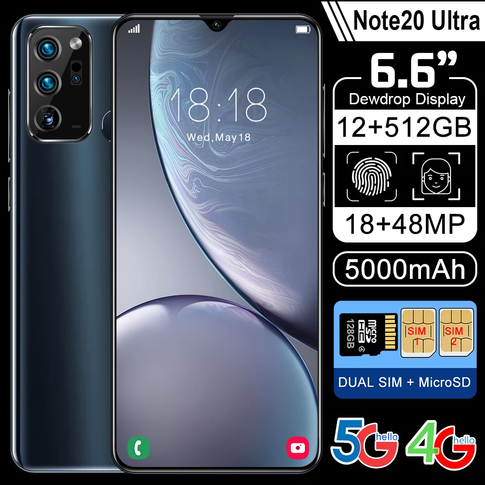 

Global Version Note20 Ultra Smartphone 6.6 Inch 12+512GB 5000mAh 16+32MP Face Fingerprint Dual Unlock 4G 5G Network CellPhone