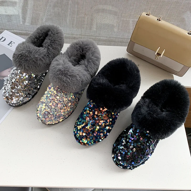 

Fur Shoes For Women Winter Warm Boots Antiskid Outsole Ladies Plush Snow Boots Shiny Brand Fashion Style Slip-on Ankle Boots