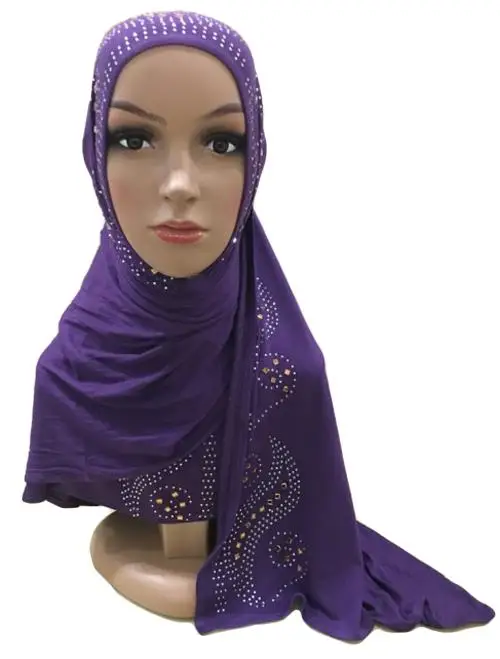 Хлопок мусульманские женщины молитва длинный шарф горный хрусталь сплошной цвет