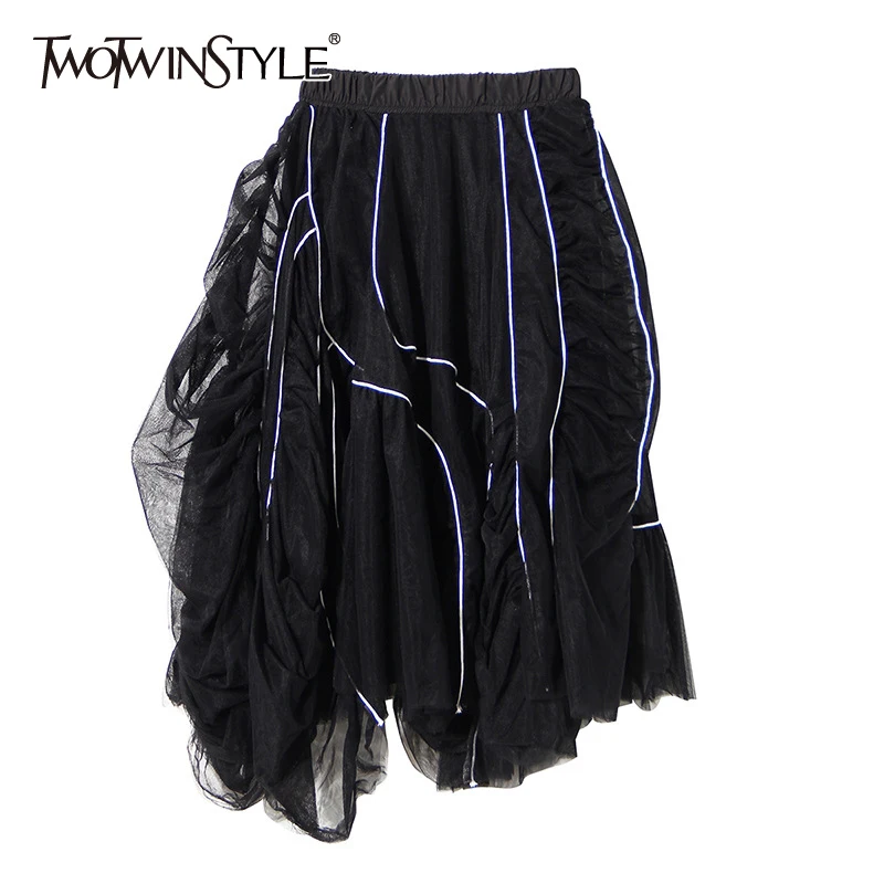 

TWOTWINSTYLE White Patchwork Ruffle Skirt For Women High Waist Hit Color Irregular Korean Skirts Female Fashion New Clothing