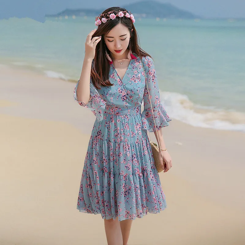 Chiffon Neck V Robe Femme Slim Bohemian Holiday Beach Dress Female Floral Summer Dresses For Women Vestidos Mujer FYY497 es | Женская