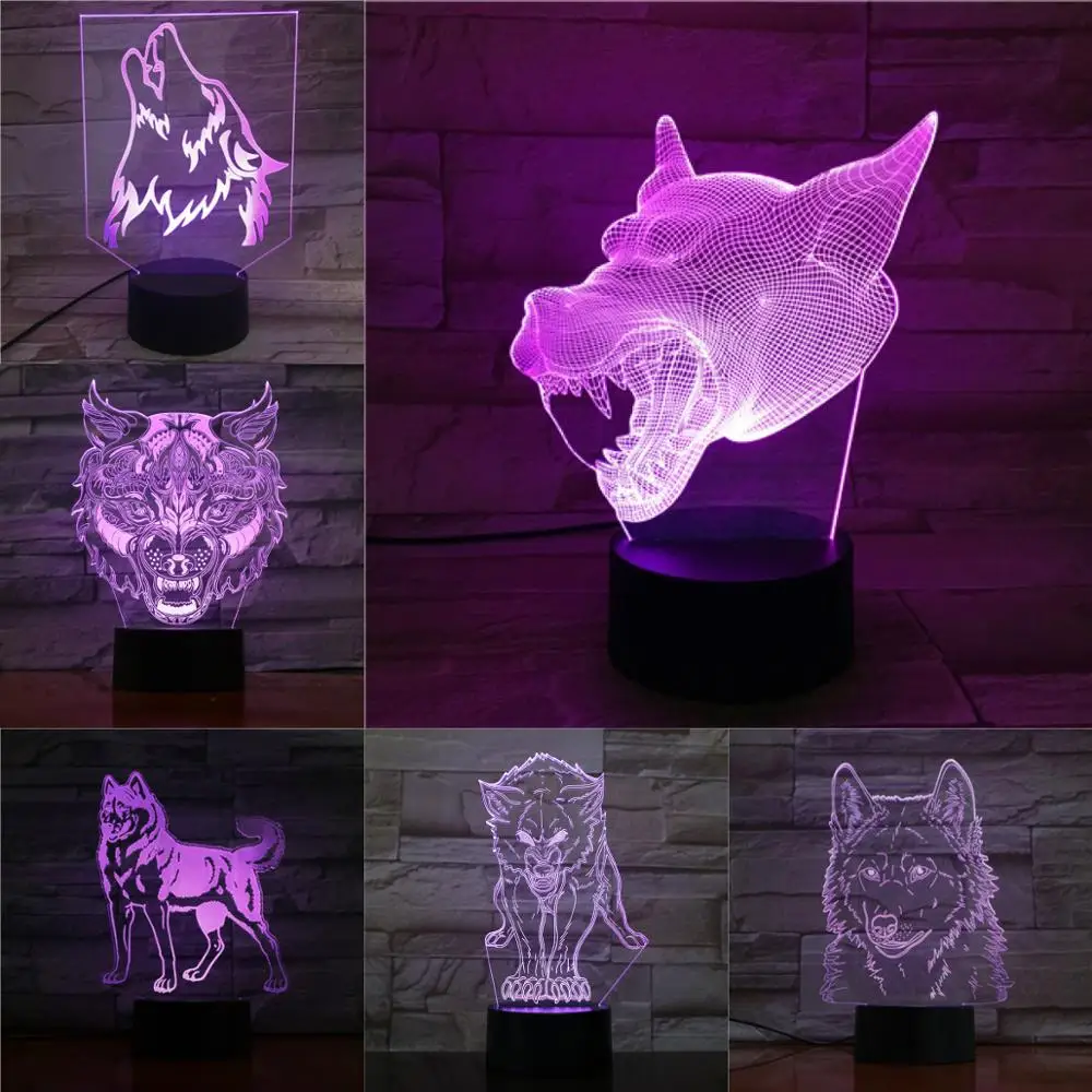 

Wolf Head 3D LED Lamp Sleep Table Night Light Novelty Gifts for Chilren Touch Multicolors Changing Light LED Illusion Atmosphere