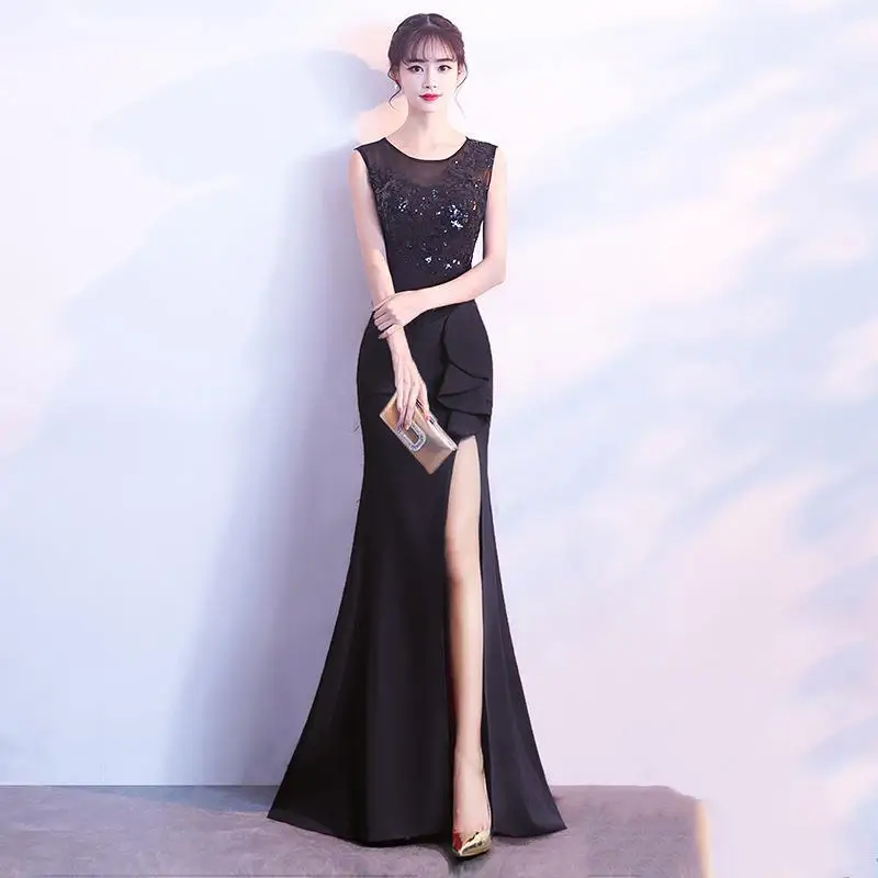 Новинка 2020 вечернее платье русалки с разрезом модное круглым вырезом и блестками