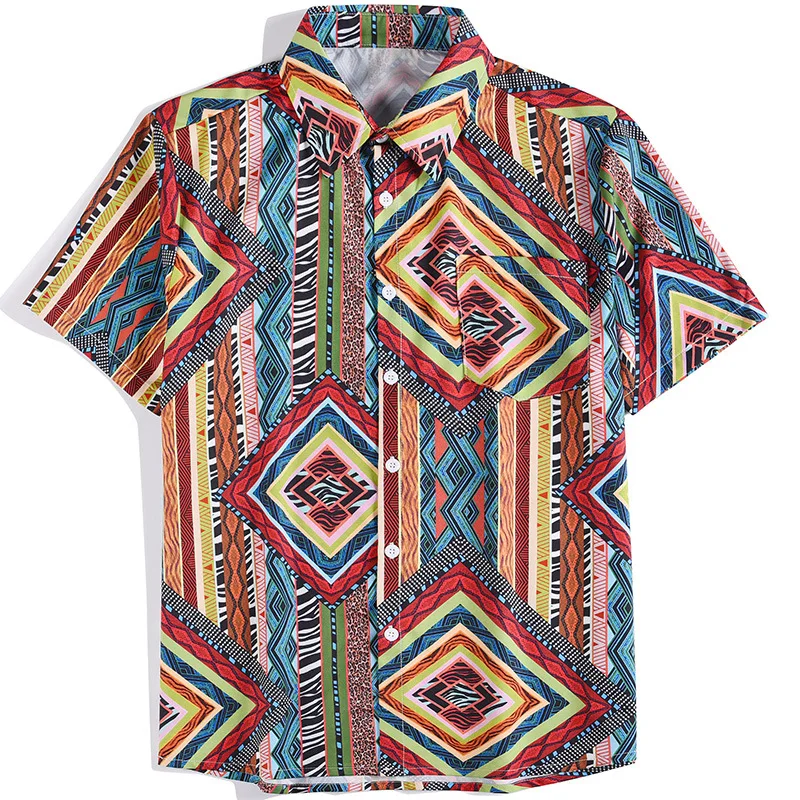 

Summer New Personality Street Geometric Graphics Digital Printing Loose Casual Lapel Shirt Tops for Men