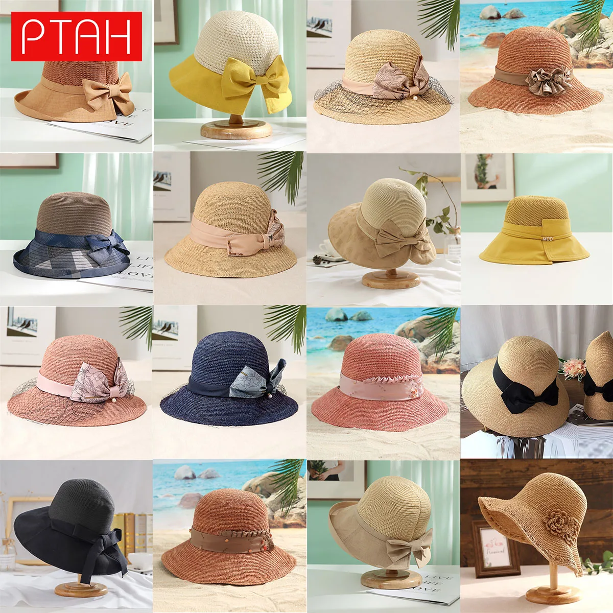 

[PTAH] 2021 Fashion Straw Sun Hat UPF50+ Women Summer Sun Protection Beach Wide Brim Fedora Travel Hats Breathable Visors Female