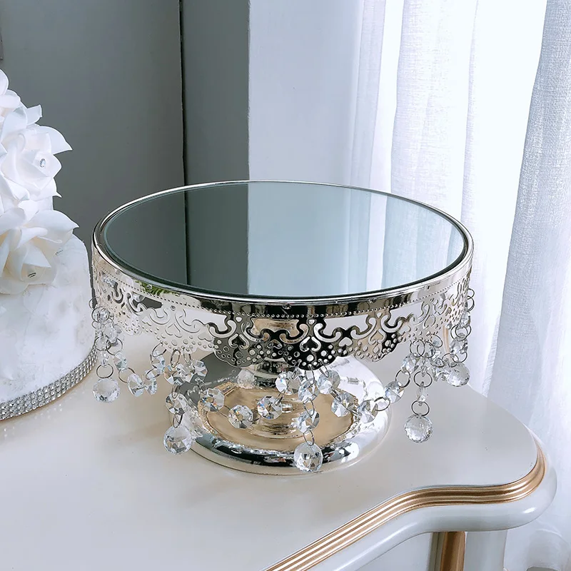 Серебряный круглый зеркальный поддон с кристальными краями для приема