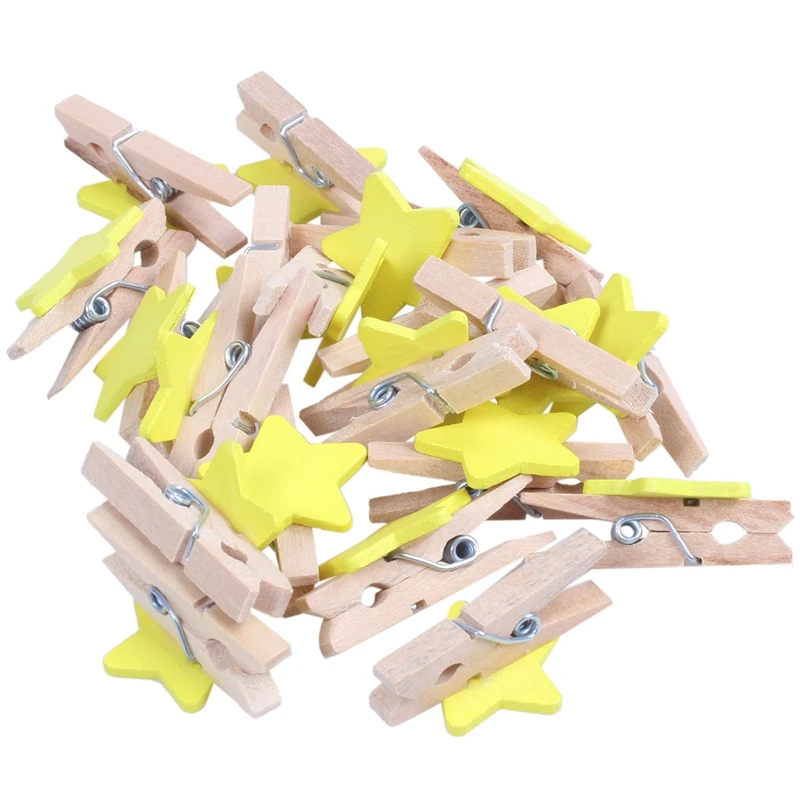 

40Pcs Star Pattern Card Photo Paper Spring Peg Mini Wooden Clip - 20Pcs Yellow & 20Pcs Ran