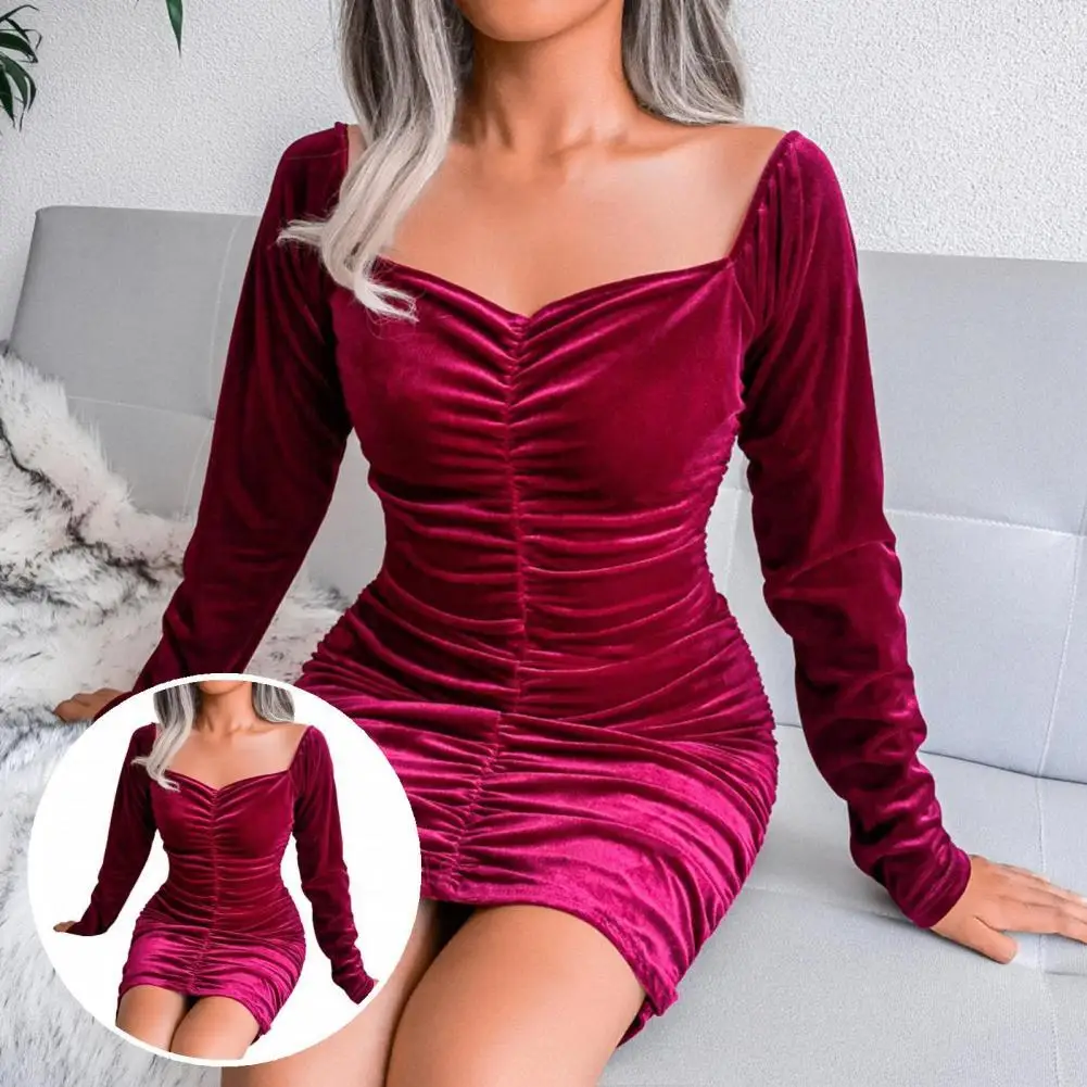 

Warm Beautiful Square Collar Ruched Velvet Dress Autumn Winter Bodycon Dress Stretchy for Dating