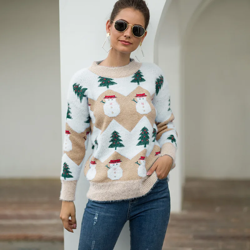 2019 Autumn Winter Christmas Sweater Tree Snowman Pullover Women K077 | Женская одежда