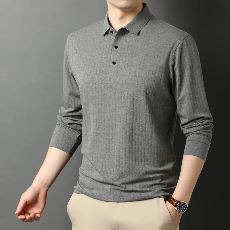 

2020 new casual loose long sleeve men's solid color polo shirt middle aged business casual Lapel qlm551161