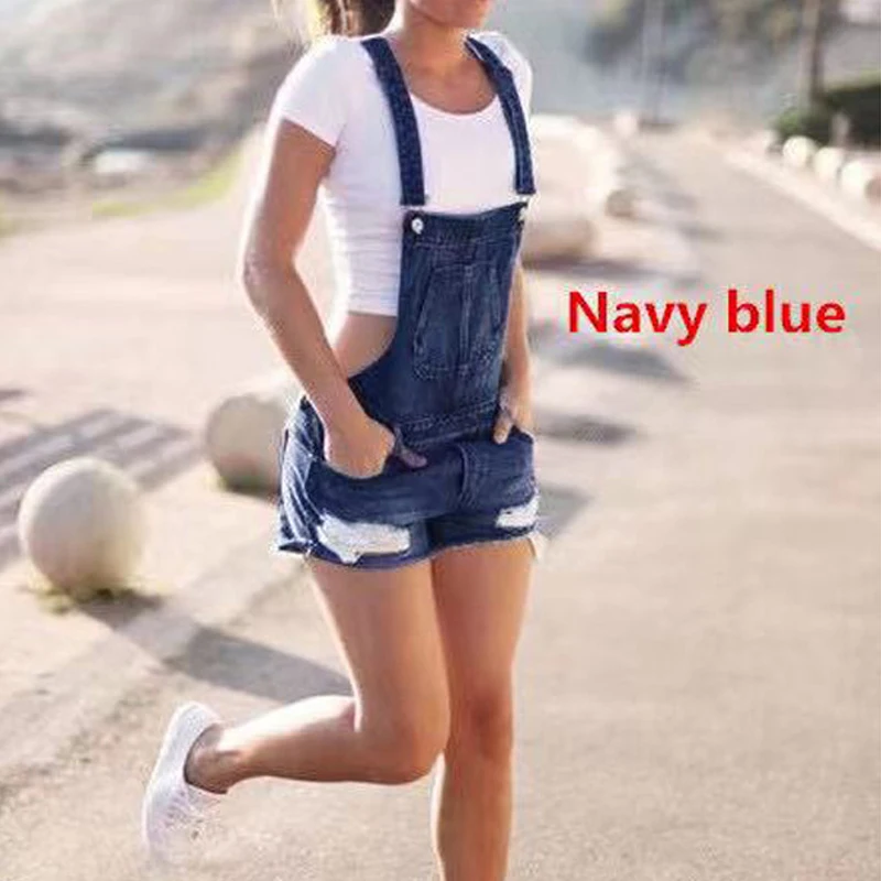 Summer Blue Hole Jumpsuit Women Mid Waist Denim Straight Leg Overalls Causal Distressed Student Short Jumpsuit Vinatge Bib Short