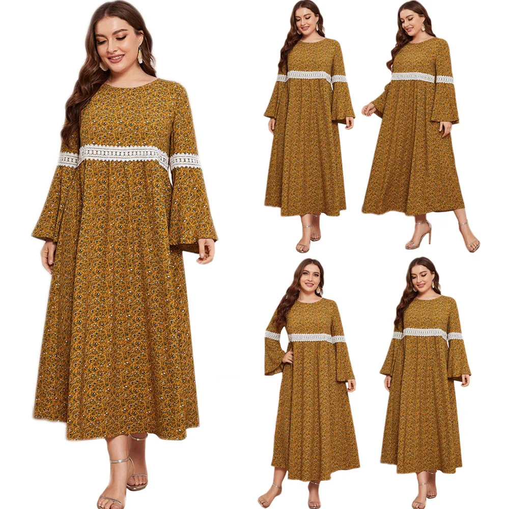 

Женское длинное платье с цветочным принтом, длинное платье с круглым вырезом и длинным рукавом