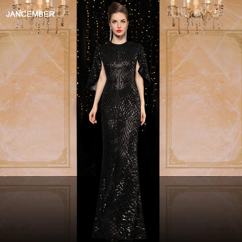 

Черное вечернее платье J49030 janceber 2020 длинное кружевное платье русалки с высоким воротом и рукавами «летучая мышь», украшенное блестками, женс...