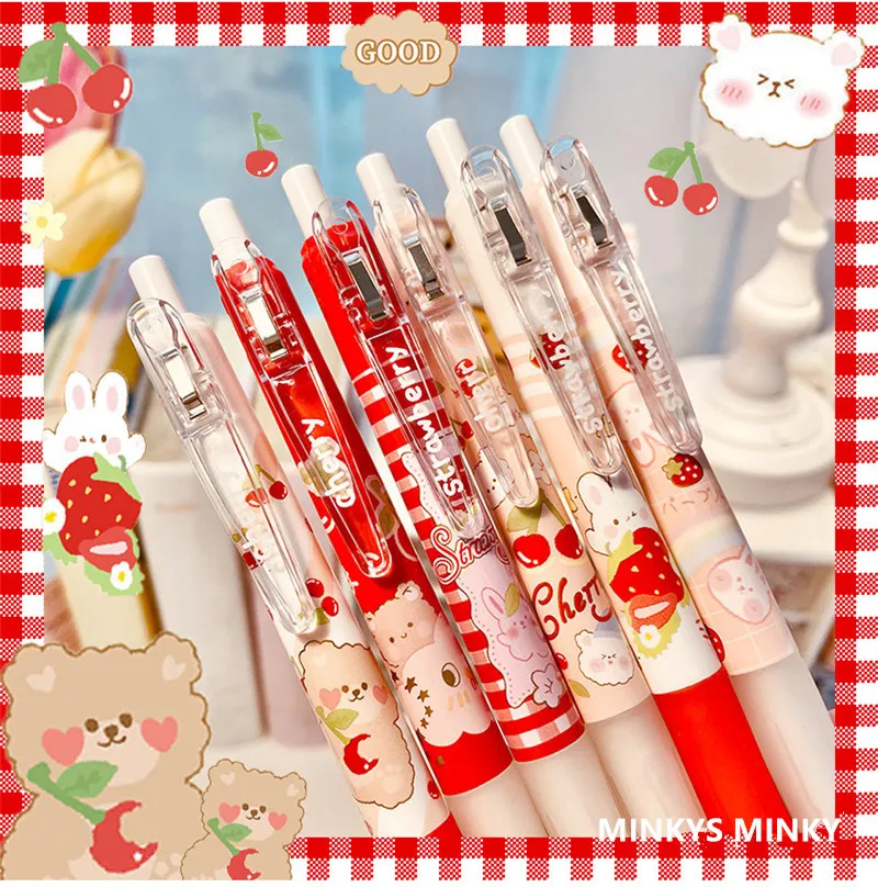 MINKYS New Arrival 0.55mm 6pcs/lot Kawaii Rabbit Strawberry Black Ink Pen Signature Pen Gift Office Stationery
