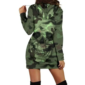 New Camouflag Skull Sweatshirt Dress Women Long Sleeve Casual Hooded Pullover Print Mini Dress Vestido De Mujer Женское Платье# 1