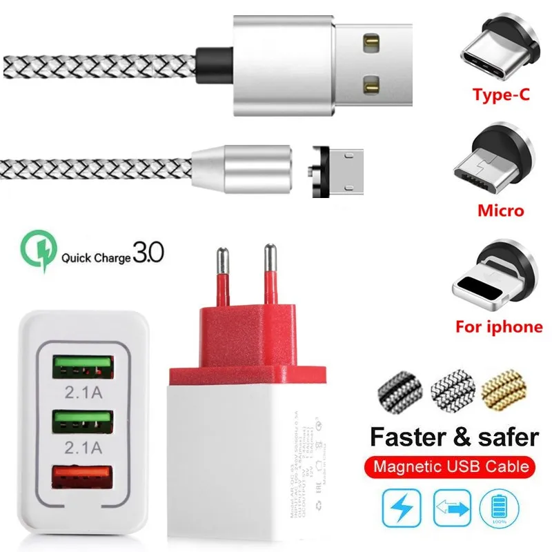 Магнитный кабель Blueqa USB Type C/Micro/Lightning для телефонов iPhone/Android 2A|Кабели мобильных