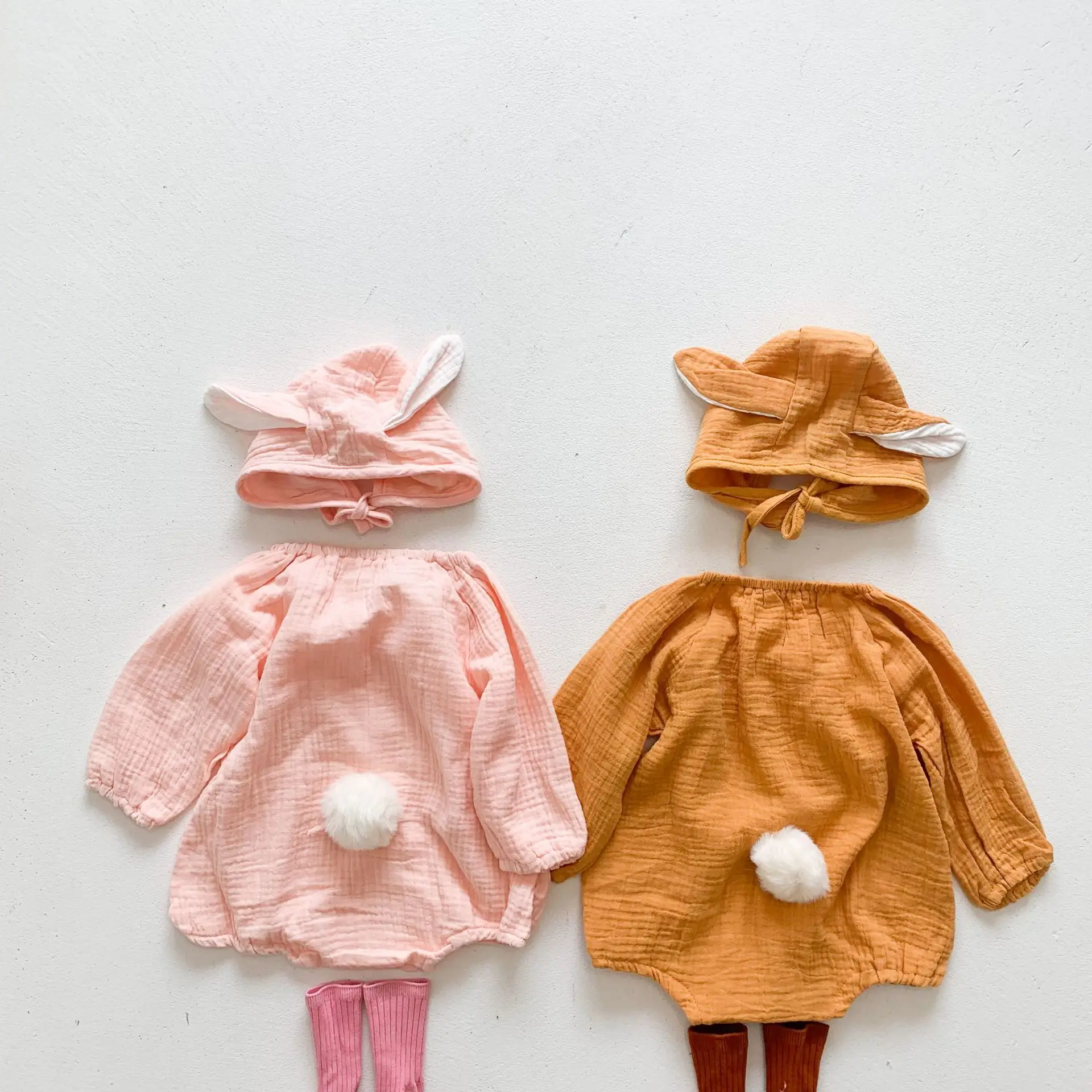 

Комбинезоны с рисунком зайчика для младенца, льняные хлопковые детские комбинезоны с шапкой, весенне-осенний цельный костюм для новорожден...