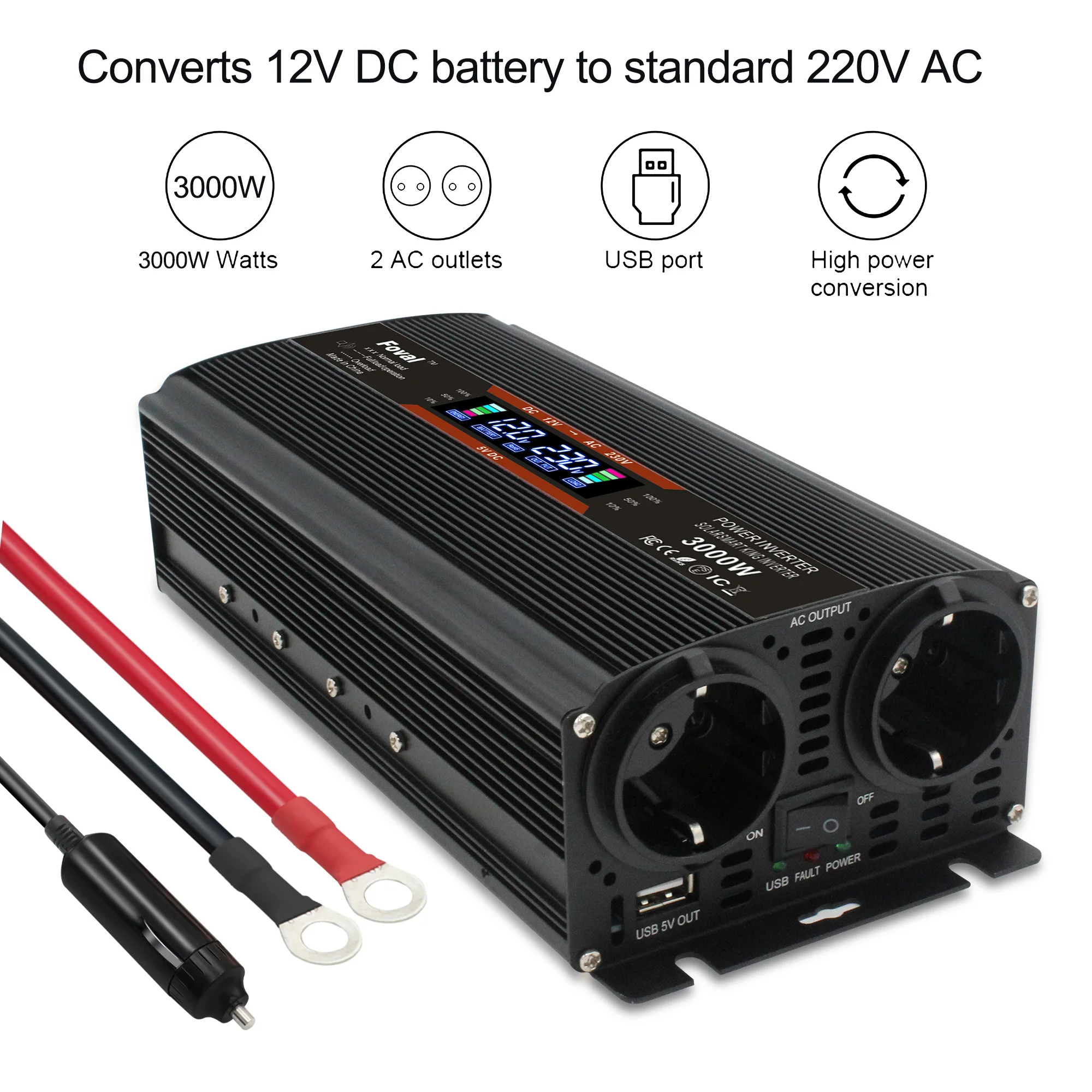 

DC12V/24V To 110V/230V 3000W Peak US/EU Socket Dual USB Portable Car Charger Modified Sine Wave Power Inverter