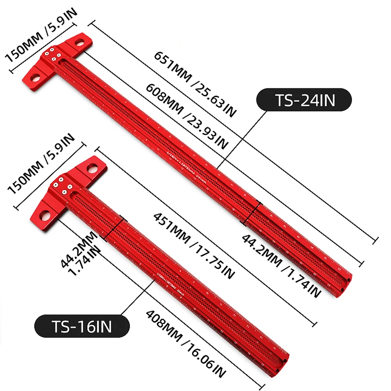 10-24 дюймов Высокоточный масштабная линейка T-Тип отверстие Деревообработка