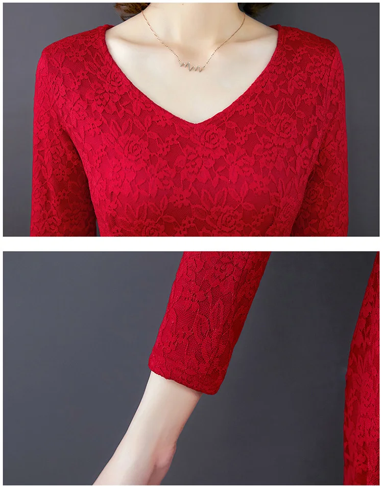 

Plus Size Lace Dress Women's Plus Velvet Thick Long-sleeved Slim Autumn Winter Dresses 2020 New Women's Solid Color V-neck L777