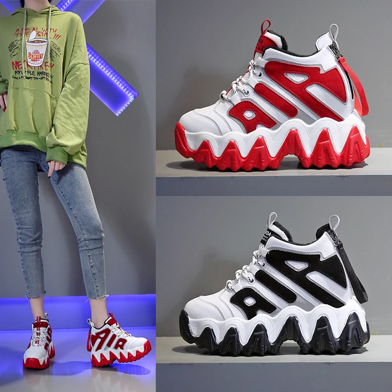 

9 Cm Super High Heels Korean Style Fashion Women Sneakers Lace Up Casual Breathable Bling Reflective Platform Women Shoes Red