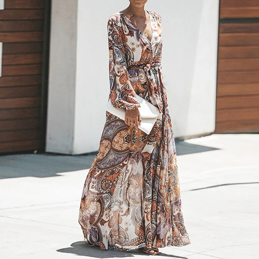 Bohoartist осень Для женщин шифоновое пол Длина Boho Длинные платья Фонари рукав