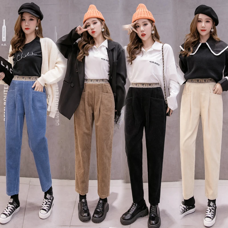 

Vintage elastic waist loose corduroy harem pants Women's trousers Autumn Winter pants Women's student casual pants feminino