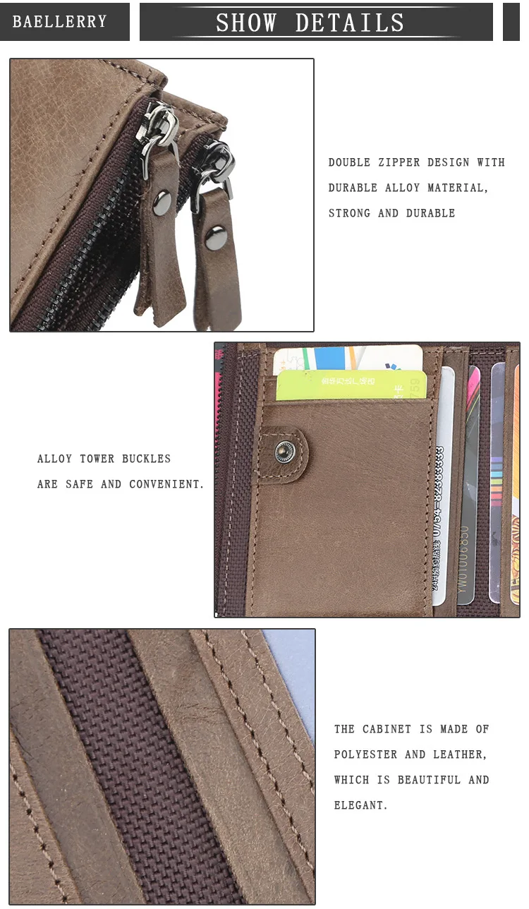 Baellerry Men Wallets Genuine Cow Leather Double Zipper Card Holder High Quality Male Purse Vintage Coin Holder Men Wallets