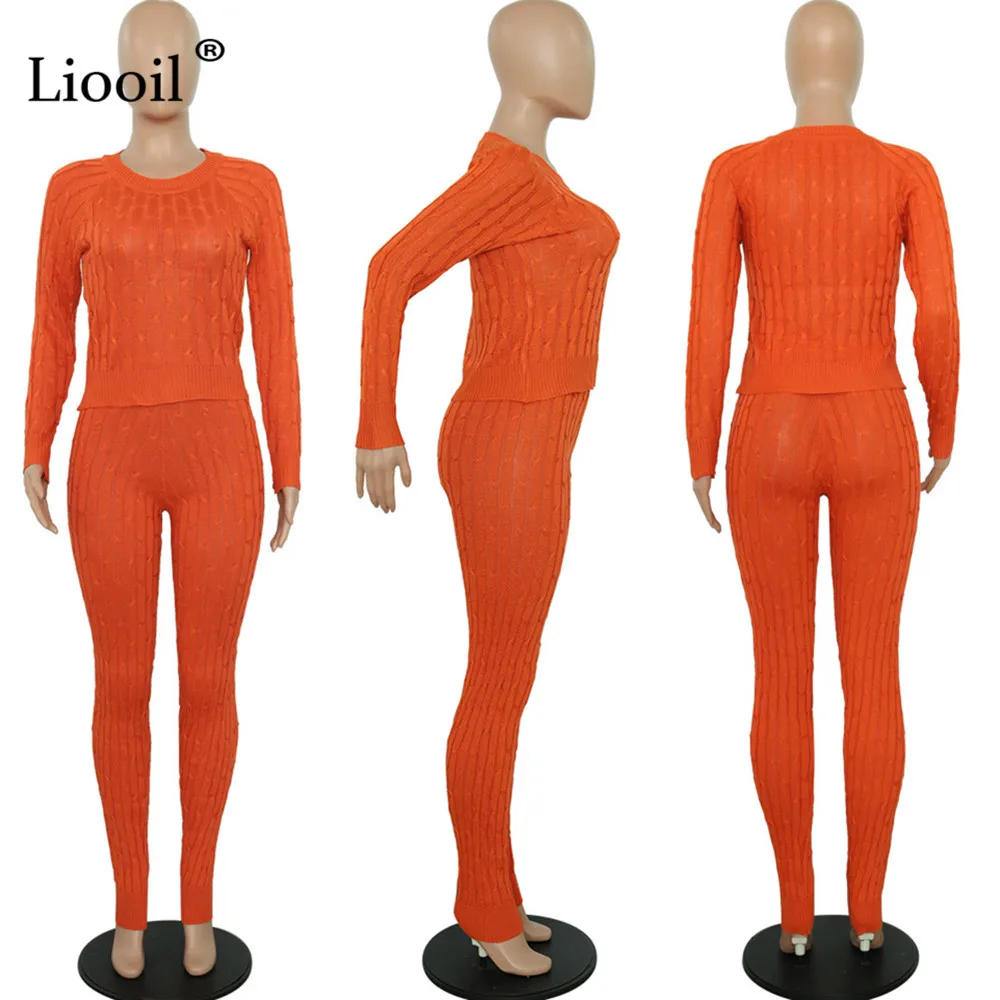 Liooil, вязаный комплект из двух предметов, свитер, топ и штаны, с длинным рукавом, с круглым вырезом, облегающие, вечерние, для ночного клуба, наряды для женщин, подходящие комплекты