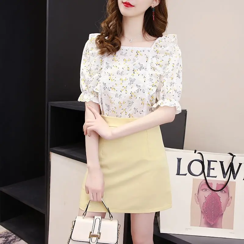 

Women 2021 Summer New Fashion Two-piece Sets Female Square Collar Printed Tops Ladies High Waist A-line Skirts Suits Y165