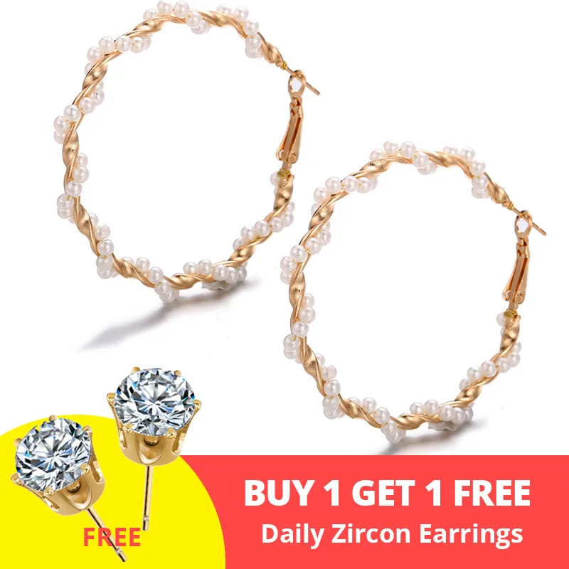 buy 1 get 1 free 17 км большие жемчужные серьги-кольца для женщин и девушек, большие серьги, уникальный круглый серьги, новинка, Brinco, массивные модные ювелирные изделия - Окраска металла: buy 1 get 1 free