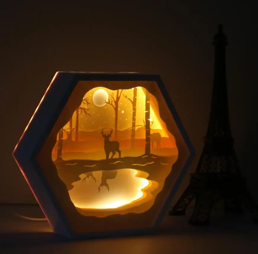 

USB christmas Elk 3D Paper carving Desk lamp Night light Frame For Home Office Wedding Decorate Birthday christmas Gift