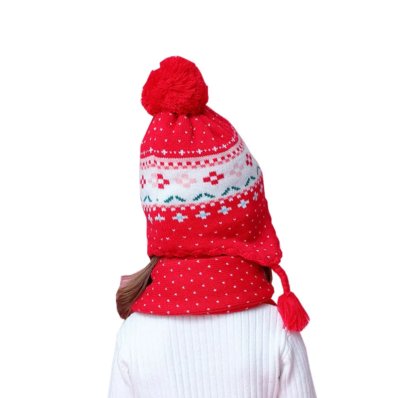 Новая зимняя толстая детская одежда Шапка Милый цветок Красный шарф Теплая шапка для девочек Дети Рождественский подарок Фото Реквизит
